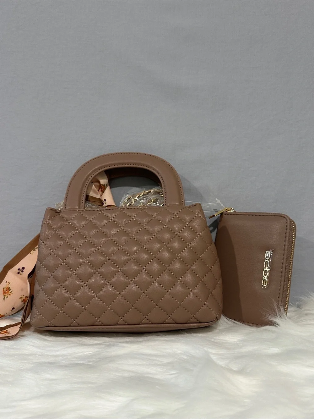 Bebe Sofie Small Quilted Satchel w Wallet in Taupe Crossbody Chain NWT